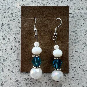 Handmade Turquoise and White Crystal Beaded Dangling Earrings